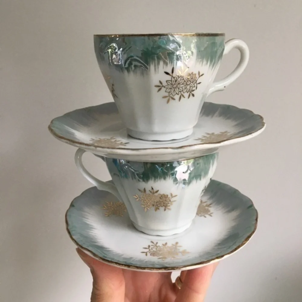 Vintage Demitasse Cups and Saucers Blue & White w/ Gold Trim Accents Set of Two